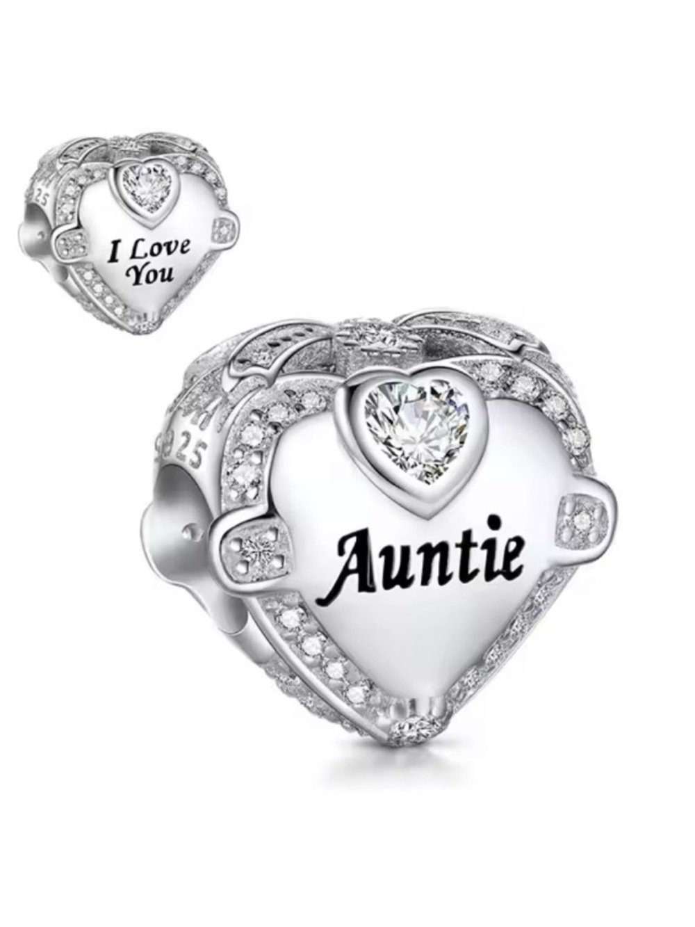Auntie Sterling Silver Heart Charm with Clear Crystal